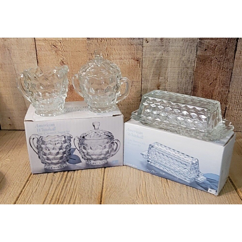 NIB Fostoria Indiana Glass, Crystal Creamer, Sugar, and Butter Set